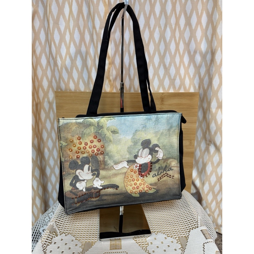 Vintage Disney World Aloha Mickey & Minnie Mouse Beaded Tote Bag Canvas Tan